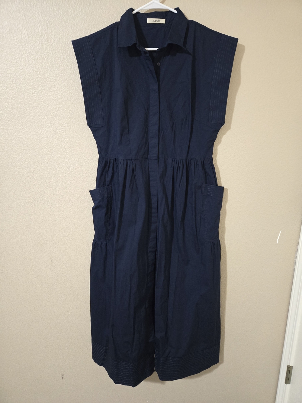 Zapelle Tailored Navy Button-Front Midi Dress with Pockets Size Medium